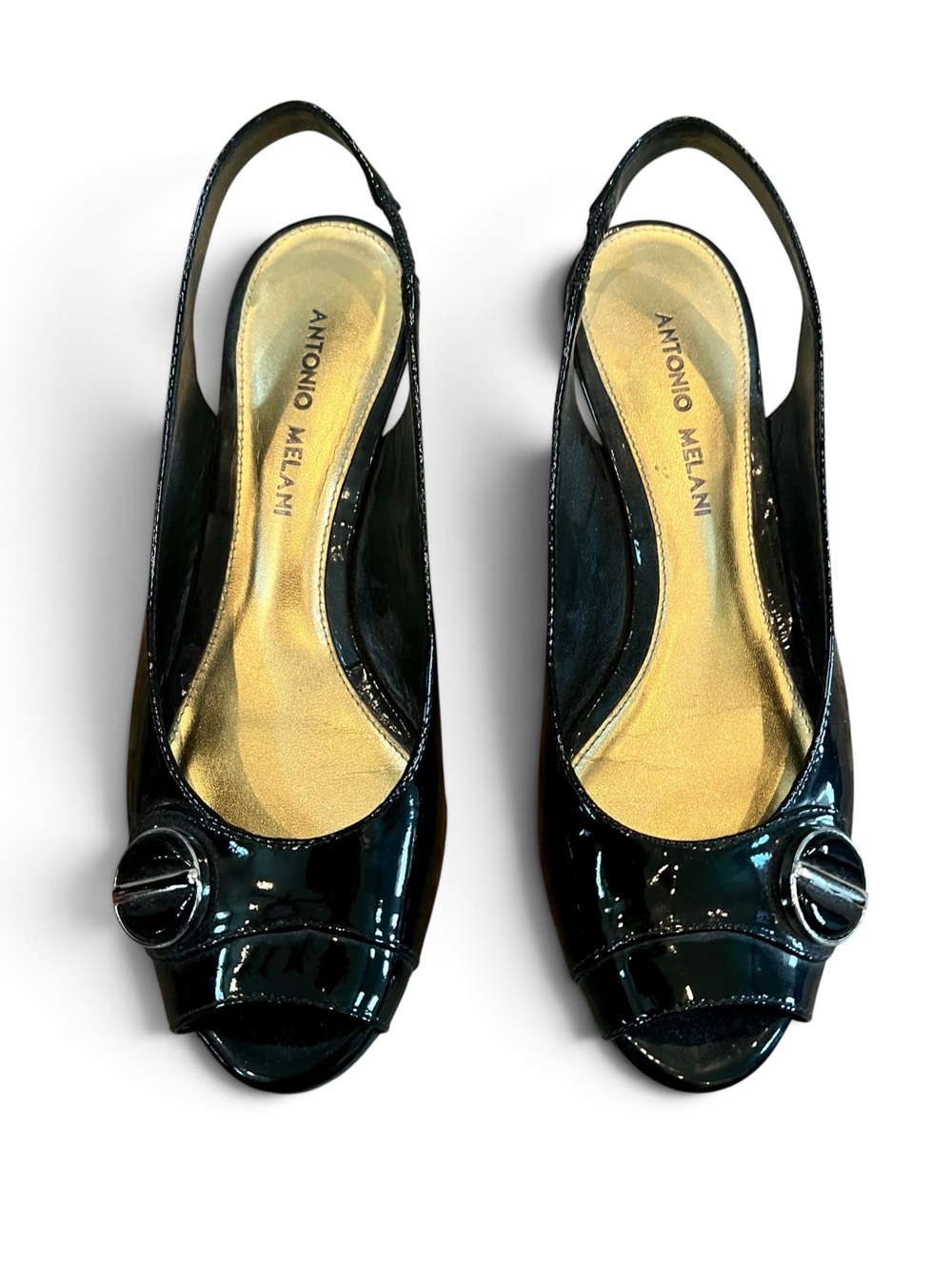 ANTONIO MELANI Black Patent Leather Peep-Toe Slingback Low-Wedge